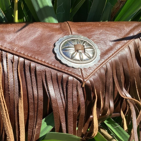 Western Boho Leather Fringe Silver Concho Clutch Handbag - Picture 4 of 10